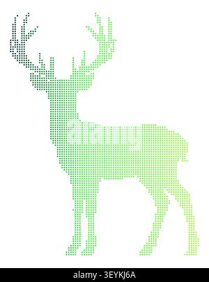 A stylized deer silhouette composed of small square dots with a gradient color transition from dark blue to light green on a white background Stock Vector