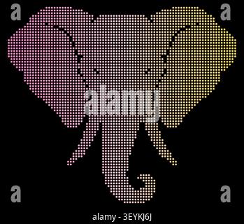 Stylized elephant head silhouette formed by a grid of glowing dots with a pink to yellow gradient color transition on a solid black background Stock Vector