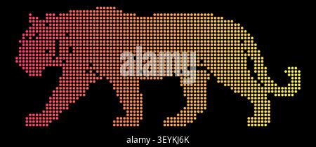 A stylized tiger silhouette composed of a gradient dot pattern transitioning from red to yellow against a solid black background surface Stock Vector