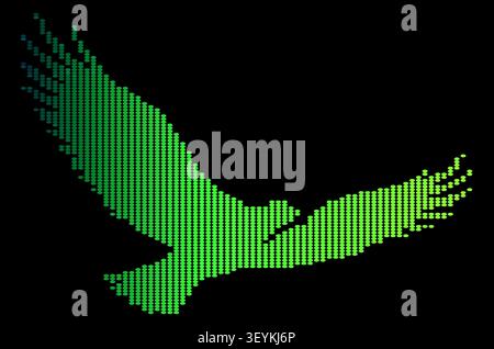 A stylized eagle silhouette composed of small circular dots with a vibrant gradient transition from blue to green against a solid black background Stock Vector