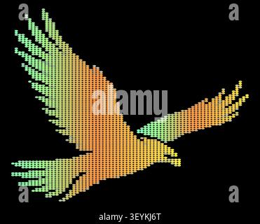 A stylized eagle silhouette composed of small colorful dots in a gradient pattern, soaring against a solid black background, digital style Stock Vector