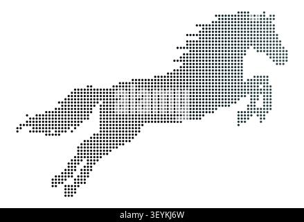 A side profile silhouette of a jumping horse composed of numerous small dark grey circular dots arranged in a grid pattern on white background Stock Vector