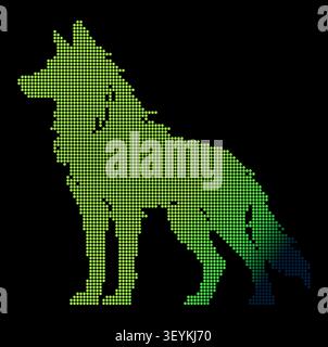 A stylized wolf silhouette composed of a gradient dot matrix pattern, transitioning from bright lime green to deep teal on a black background Stock Vector