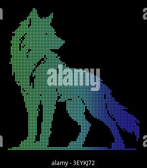 Stylized wolf silhouette composed of a gradient dot matrix pattern transitioning from green to blue and purple against a solid black background Stock Vector