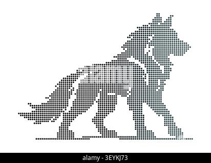 A stylized wolf silhouette composed of small grey dots arranged in a grid pattern on a clean white background, isolated digital Stock Vector