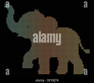Gradient dotted elephant silhouette formed by small circular pixels in teal, orange, and yellow colors on a solid black background surface Stock Vector