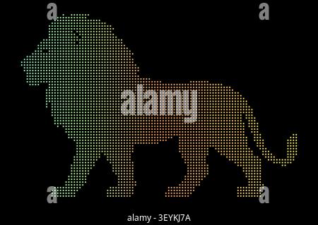 A stylized lion silhouette composed of small glowing square dots with a gradient transition from light blue to warm orange on a black background Stock Vector