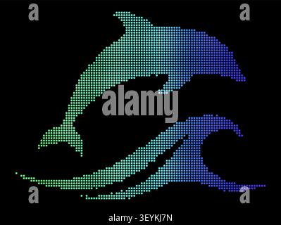 A stylized of a jumping dolphin and ocean wave created with a gradient dot matrix pattern on a dark background, for aquatic themes Stock Vector