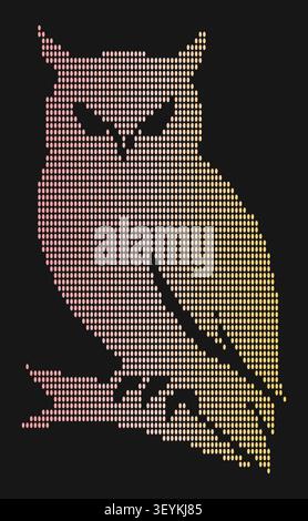 A stylized owl silhouette composed of a grid of small dots with a gradient transition from soft pink to warm yellow against a solid black background Stock Vector