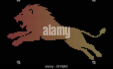 A stylized lion silhouette composed of small glowing dots with a vibrant red to yellow gradient transition on a solid deep black background Stock Vector