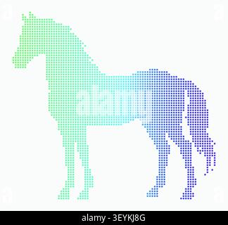 A stylized horse silhouette composed of a gradient pattern of small circular dots transitioning from light teal to deep purple on white background Stock Vector