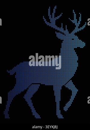 A digital deer silhouette composed of glowing blue square pixels arranged in a grid pattern against a solid deep black background surface Stock Vector