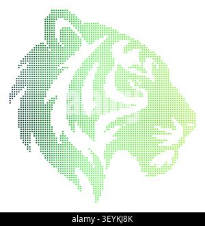 Halftone dot pattern of a tiger head profile in a green and blue gradient color scheme on a clean white background, digital Stock Vector