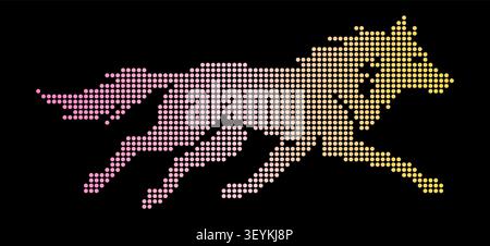 A running horse silhouette formed by a gradient of small glowing yellow and pink circular dots against a deep solid black background Stock Vector
