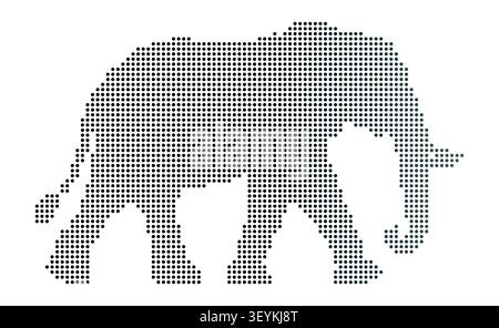 A side profile silhouette of a walking elephant constructed from a grid of small dark grey circular dots on a clean white background surface Stock Vector