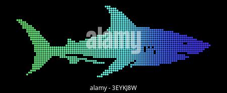 A stylized shark silhouette composed of small colorful dots creating a vibrant gradient transition from green to blue and purple on black background Stock Vector