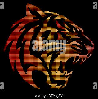 A stylized tiger head profile composed of small orange and yellow dots forming a roaring feline silhouette on a solid black background Stock Vector