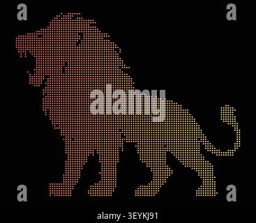 A stylized lion silhouette composed of small glowing square dots with a gradient transition from red to orange and yellow on a black background Stock Vector