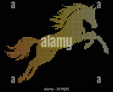 A rearing horse silhouette composed of glowing yellow and white circular dots arranged in a digital halftone pattern against a black background Stock Vector
