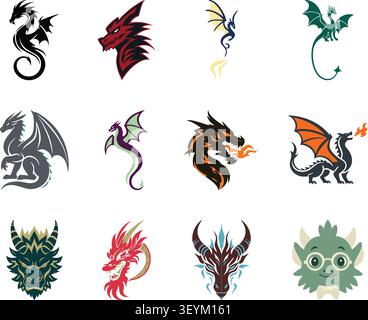 A dynamic illustration set featuring various fantasy dragon designs. Stock Vector