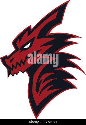 Flat illustration of a red dragon head in side profile with jagged horns sharp teeth and an intense aggressive expression Stock Vector