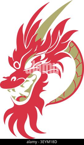 Flat illustration of a red oriental style dragon head with long whiskers flowing mane and curved scaled neck details Stock Vector