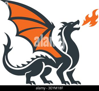 Flat illustration of a full body dragon with black and gray body orange wings and a stream of fire from its mouth Stock Vector