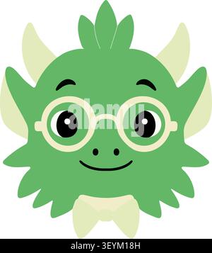 Flat illustration of a cute green baby dragon with small horns round glasses and a cheerful friendly expression Stock Vector
