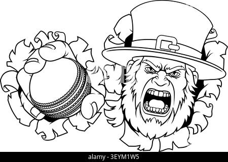 An angry Leprechaun Celtic Irish cartoon character holding Cricket ball sports team mascot illustration. Stock Vector