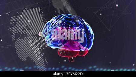 Rotating translucent 3D brain showing blue-magenta-red regions in virtual data studio, code map net Stock Photo