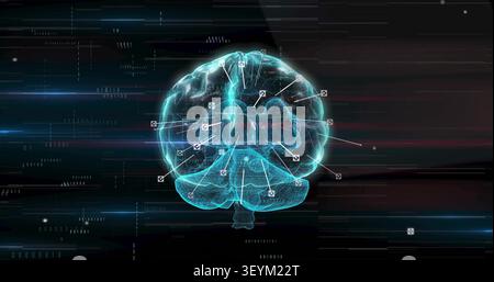 Cyan brain appearing on feed start, rotating, nodes pulsing, scan sweeping for diagnostics Stock Photo