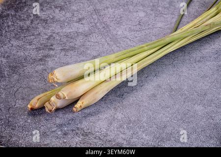Fresh lemongrass stalks arranged diagonally on textured gray background. Natural lighting highlights pale green cream tones. Minimalist food photograp Stock Photo