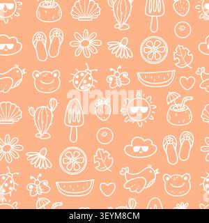 Cute Summer Beach Seamless Pattern Doodle. White Outline Tropical Fruit, Cactus, Ice Cream, Sun and Cloud in Glasses and Animals on Pastel Orange Back Stock Vector