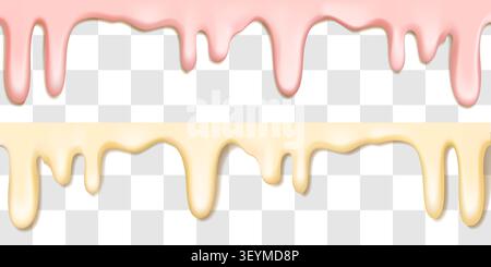 Dripping pink icing, voluminous buttercream slime. Liquid white texture of milky yogurt, realistic spalsh. Chocolate syrup drop, with wavy edge on Stock Vector
