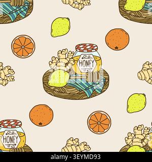 Hand drawn honey jar with ginger and lemon on wooden board seamless pattern. Flu natural medicine repeat background Stock Vector