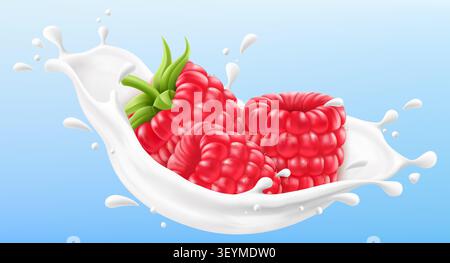 Ripe raspberry in a milk splash isolated on blue background. Fresh fruits dropping into milk or yogurt splash. Milkshake splash with sweet banana and Stock Vector