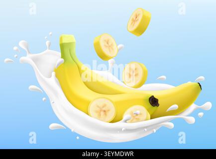 Ripe banana in a milk splash isolated on blue background. Fresh banana dropping into milk or yogurt splash. Milkshake splash with sweet banana. Realis Stock Vector