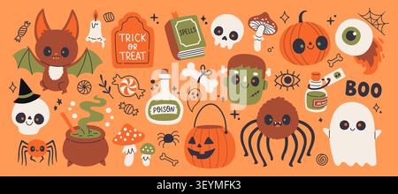 Vibrant orange background filled with cute Halloween icons like a happy bat, a smiling ghost, a Jack o lantern basket, spiders, a skull, and magical Stock Vector