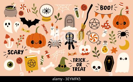 A large collection of cute Halloween icons and stickers featuring spooky ghosts, pumpkins, bats, candy, potions, and a witch hat in a trendy boho Stock Vector