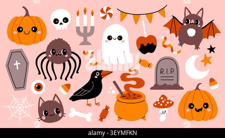 Adorable Halloween vector elements set including a cute smiling pumpkin, a friendly ghost, a black crow, a fuzzy spider, a bat, and a cauldron on a Stock Vector