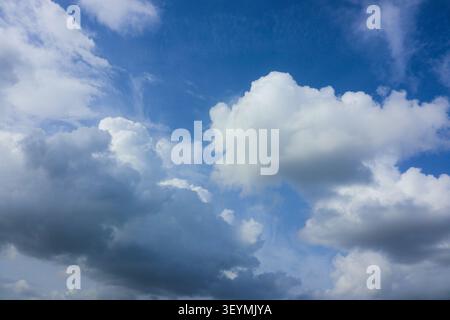 Endless Horizon: Bright Blue Sky and Cotton Clouds. A minimalist landscape of the upper atmosphere, emphasizing the scale of the sky and the soft. Stock Photo