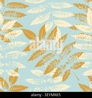Autumn rowan leaf imprint seamless pattern ochre and cream vector background on light blue for textile fabric print wrapping paper and botanical wallpaper. Vector illustration Stock Vector