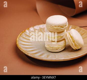 White vanilla macarons arranged on a brown ceramic plate against a monochrome background Stock Photo