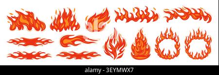 Fire cartoon art set. Hand drawn bonfire, fireball, wildfire and campfire elements isolated. Hot blaze symbols for sticker, tattoo, gas symbol graphic design. Vector illustration collection Stock Vector