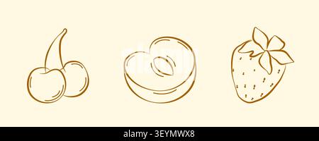 Hand-drawn summer fruit and berries set, plump, strawberry and cherry in line art for farmers market, summer packaging, menu Stock Vector