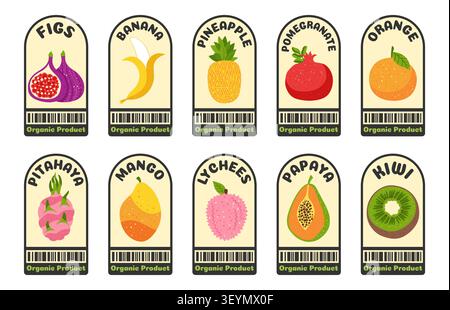 Food fruit label and sticker set. Cartoon organic berry badges with fresh natural tag for supermarket and farm shop. Trendy retro patches and stickers. Flat vector illustration emblem bio collection Stock Vector