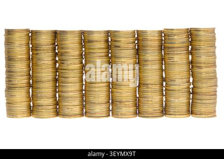 old & used golden coins stack up in white background Stock Photo