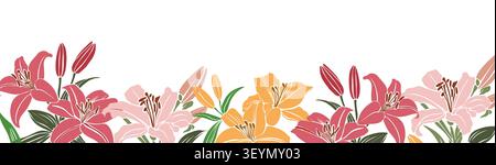 Lilies bloom in soft pink, yellow, and coral hues Stock Vector