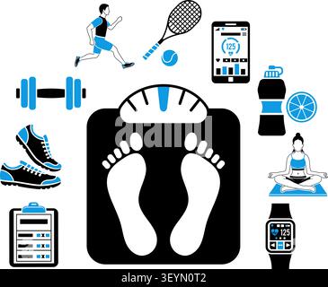 Fitness, Gym, Health Concept for Mobile Applications, Web Site, Advertising like Yoga, Runner, Weight and Gadgets Icons. Stock Vector