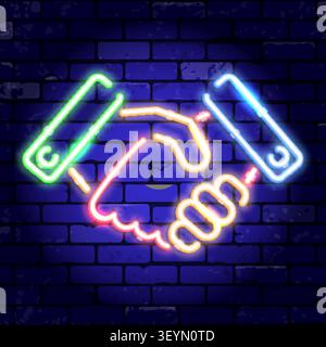 Neon signboard handshake. teamwork, collaboration or friendship. Bright night signboard on brick wall sign. Vector illustration realistic neon icon Stock Vector